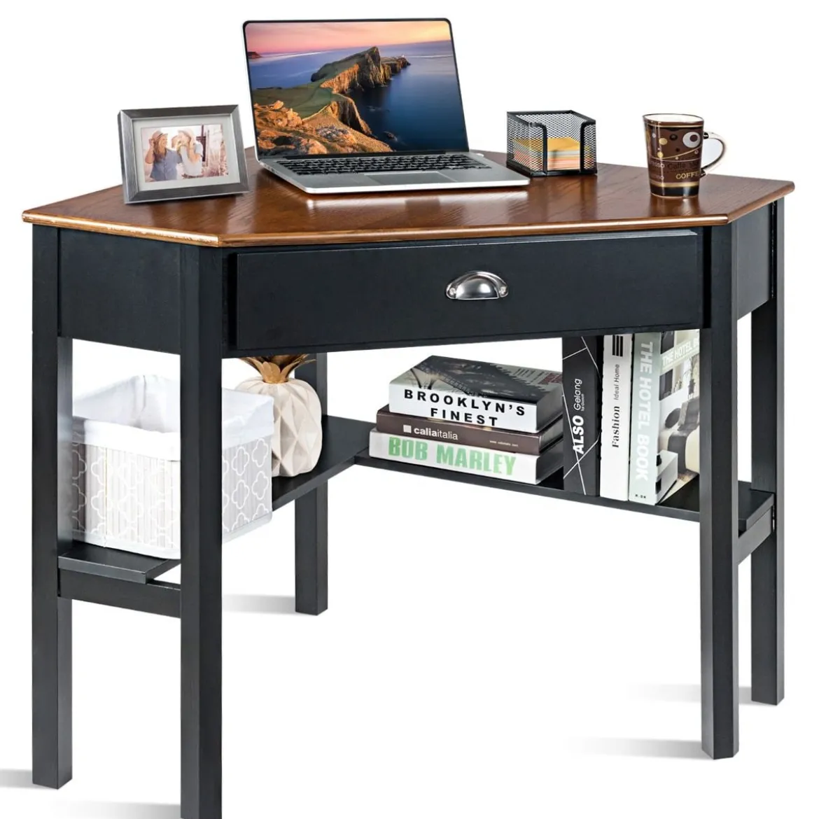 Eckschreibtisch mit Schublade & 2 Ablagen Holz-Eckschreibtisch 75 x 75 x 76 cm Braun + Schwarz
