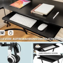 Eckschreibtisch mit Steckdose & USB-Ladeanschluss & Monitorständer Schwarz