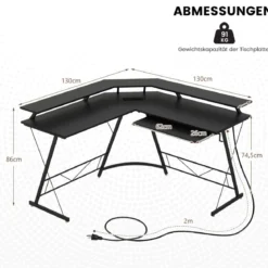 Eckschreibtisch mit Steckdose & USB-Ladeanschluss & Monitorständer Schwarz