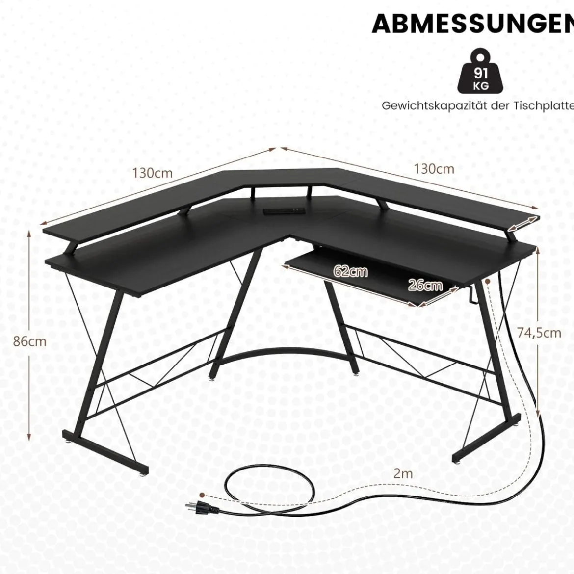 Eckschreibtisch mit Steckdose & USB-Ladeanschluss & Monitorständer Schwarz