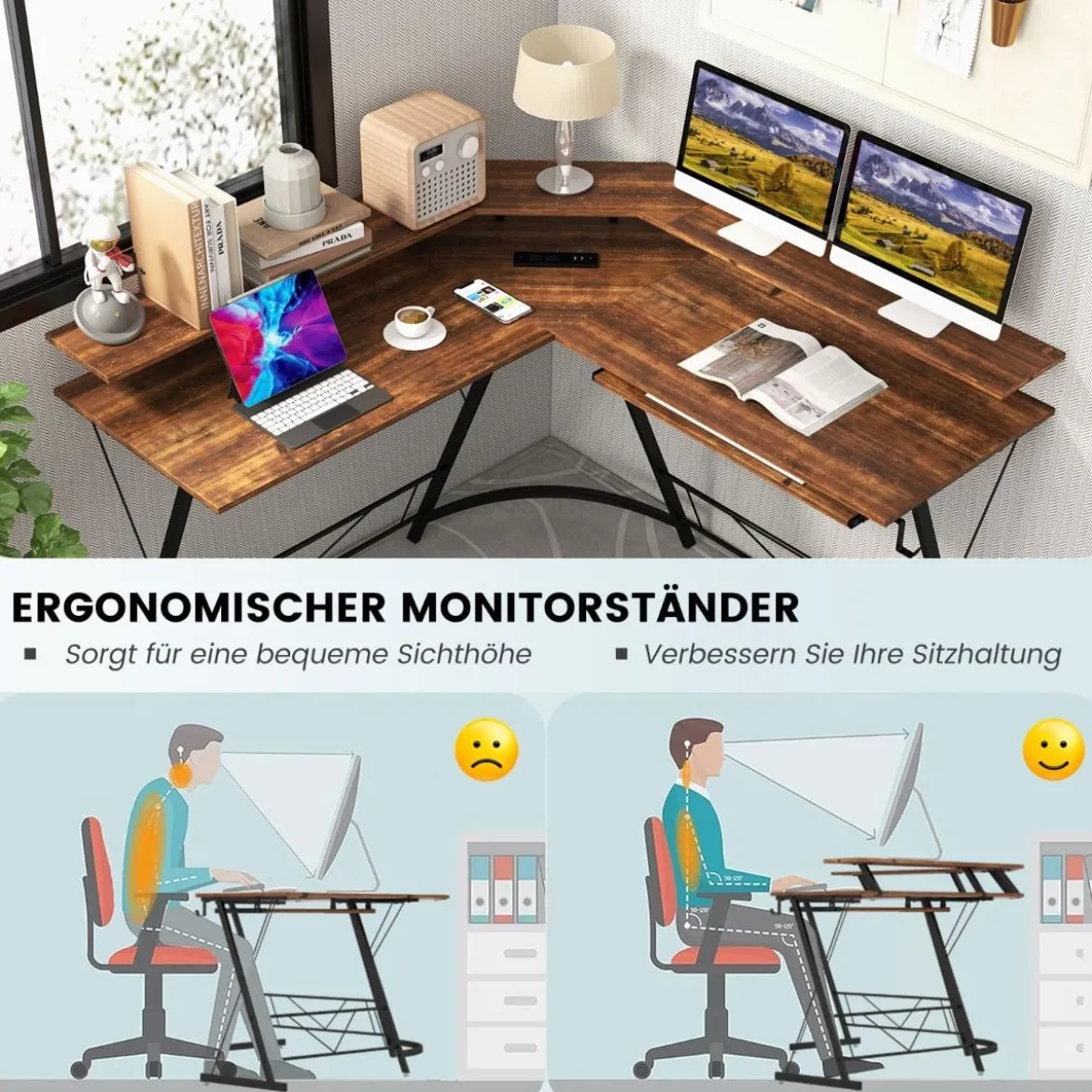 Eckschreibtisch mit Steckdose & USB-Ladeanschluss & Monitorständer Rustikales Braun