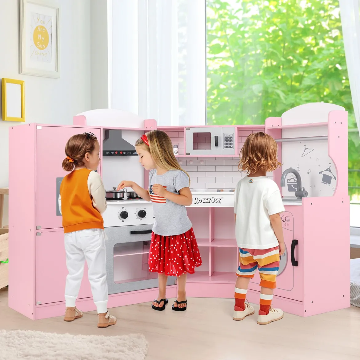 Eckspielküche Küchen-Spielset mit Dunstabzugshaube Eismaschine Mikrowelle Backofen Waschmaschine Rosa