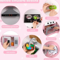 Eckspielküche Küchen-Spielset mit Dunstabzugshaube Eismaschine Mikrowelle Backofen Waschmaschine Rosa