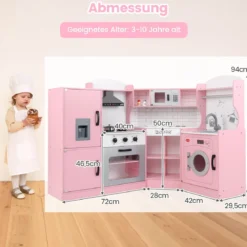 Eckspielküche Küchen-Spielset mit Dunstabzugshaube Eismaschine Mikrowelle Backofen Waschmaschine Rosa