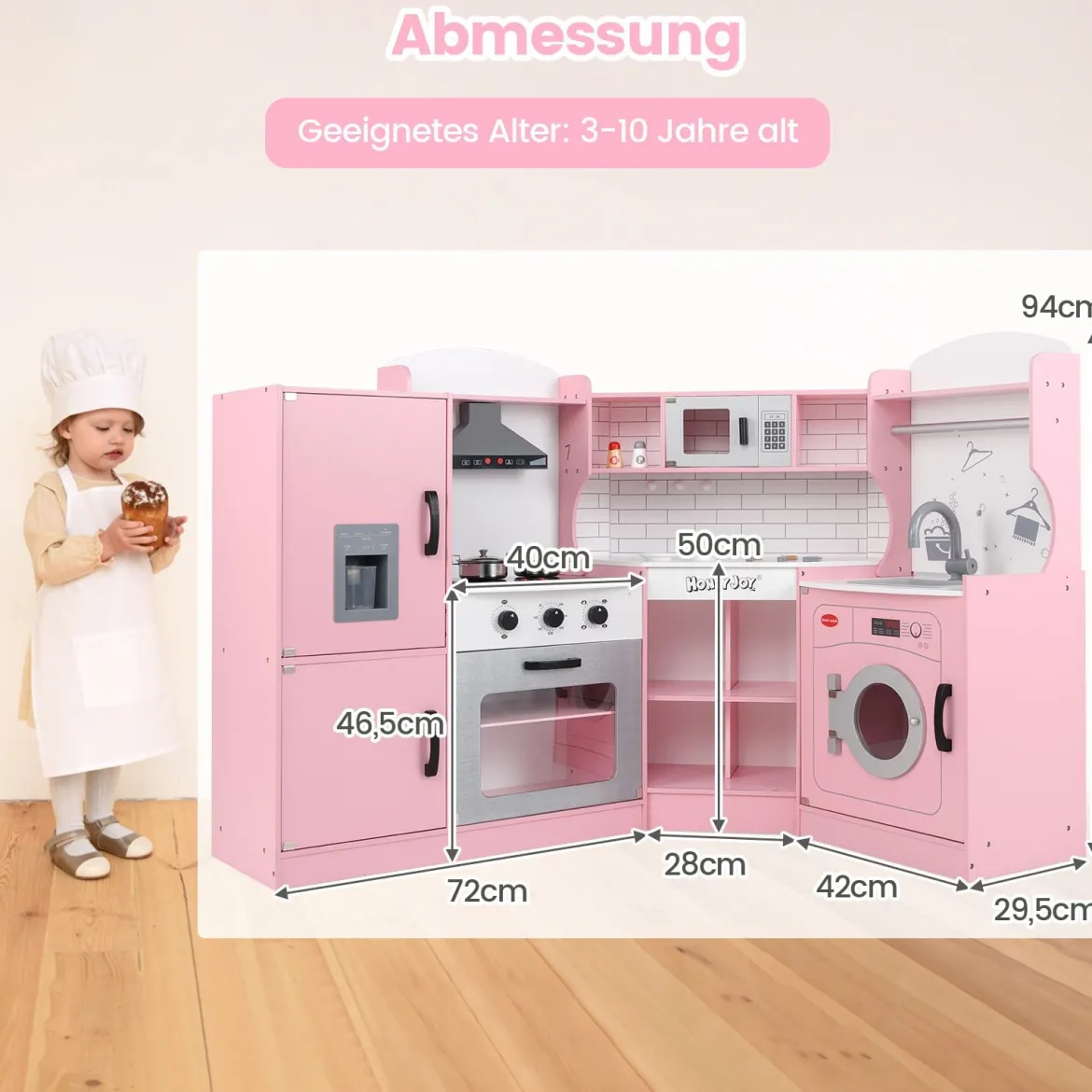 Eckspielküche Küchen-Spielset mit Dunstabzugshaube Eismaschine Mikrowelle Backofen Waschmaschine Rosa