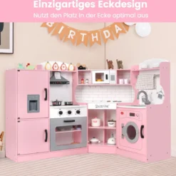 Eckspielküche Küchen-Spielset mit Dunstabzugshaube Eismaschine Mikrowelle Backofen Waschmaschine Rosa
