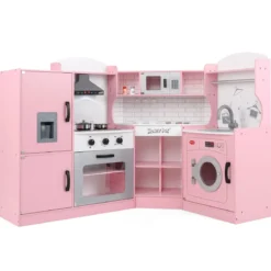 Eckspielküche Küchen-Spielset mit Dunstabzugshaube Eismaschine Mikrowelle Backofen Waschmaschine Rosa