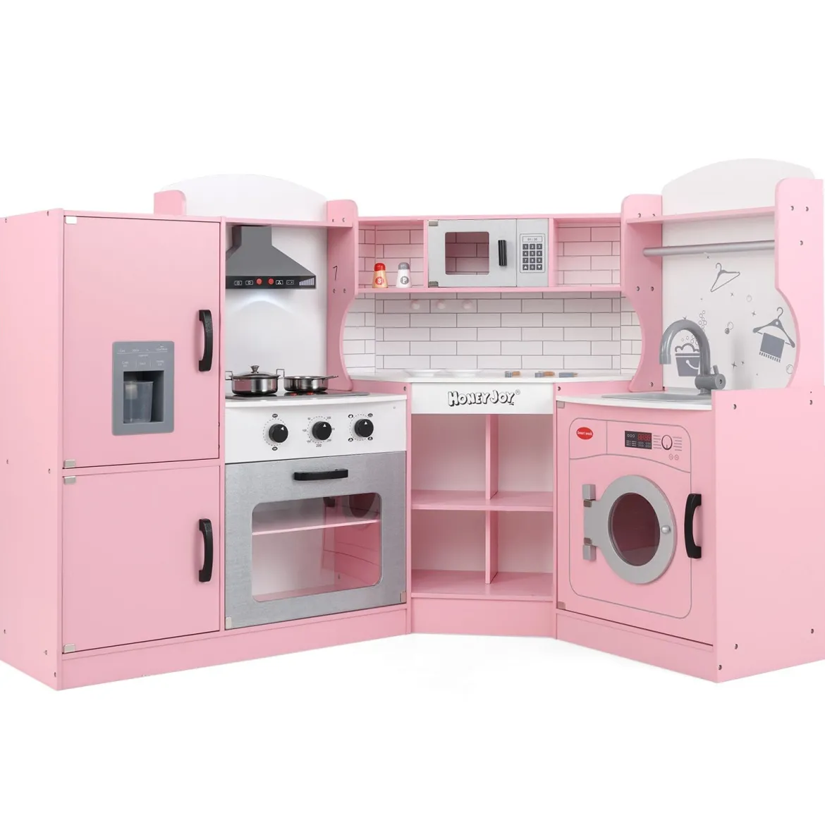 Eckspielküche Küchen-Spielset mit Dunstabzugshaube Eismaschine Mikrowelle Backofen Waschmaschine Rosa