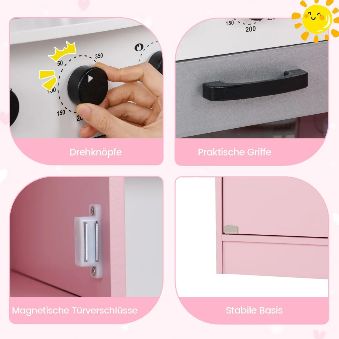 Eckspielküche Küchen-Spielset mit Dunstabzugshaube Eismaschine Mikrowelle Backofen Waschmaschine Rosa