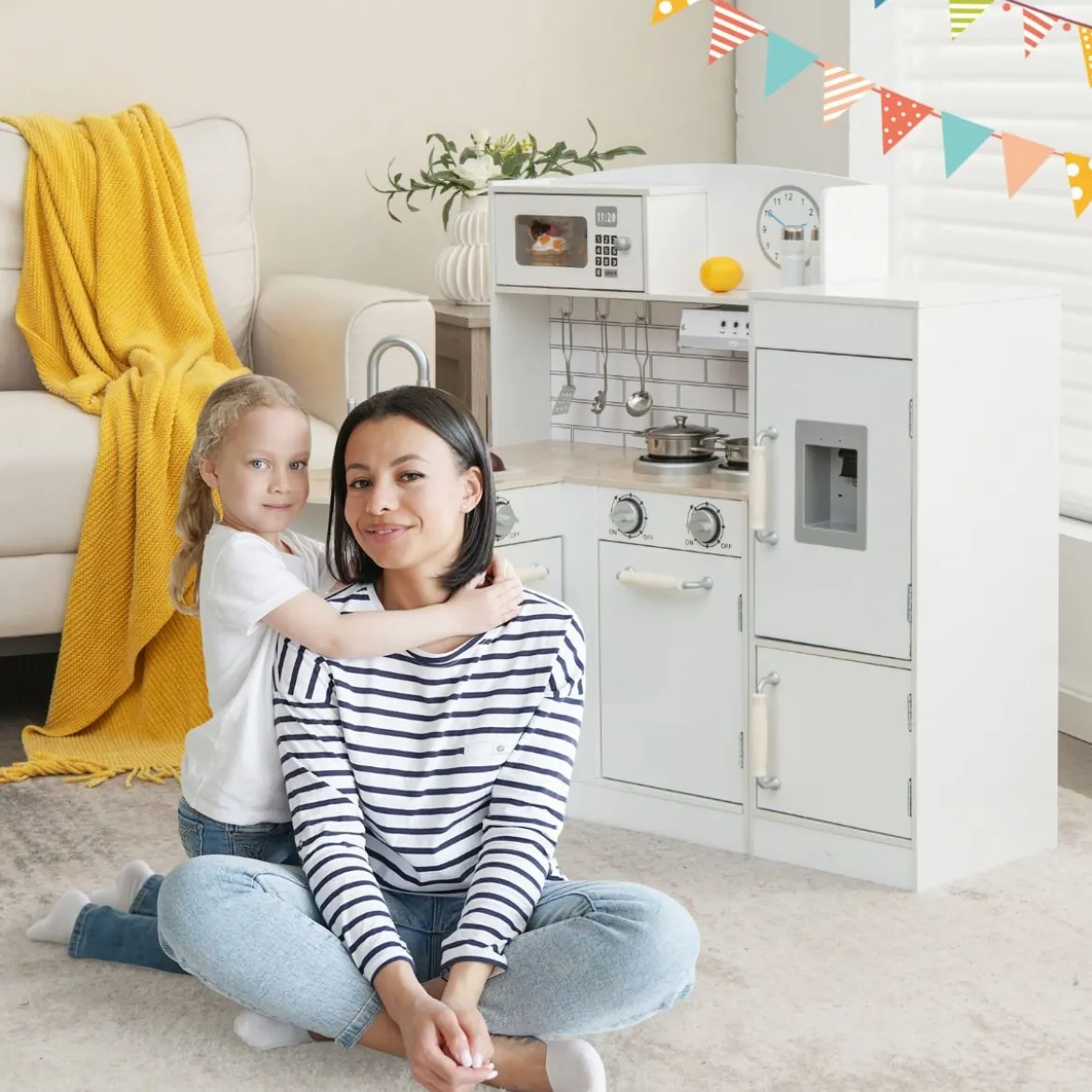 Eck Spielküche mit Separatem Kühlschrank & Sound & Spielzubehör Kinderküche Weiß