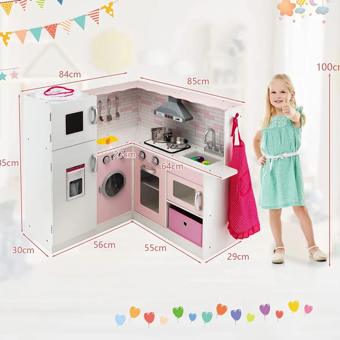Eck Spielküche mit Sound und Licht Kinderküche aus Holz inkl. Schürze und Spielzubehör 85 x 84 x 85 cm Weiß + Rosa
