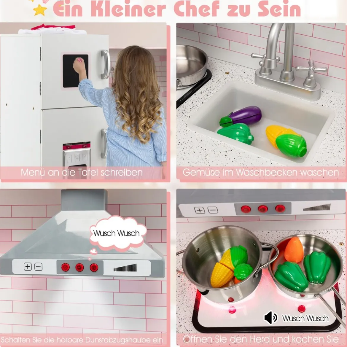 Eck Spielküche mit Sound und Licht Kinderküche aus Holz inkl. Schürze und Spielzubehör 85 x 84 x 85 cm Weiß + Rosa