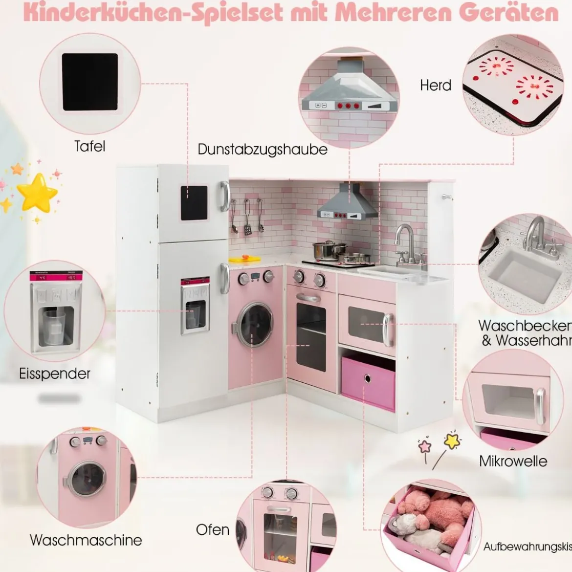 Eck Spielküche mit Sound und Licht Kinderküche aus Holz inkl. Schürze und Spielzubehör 85 x 84 x 85 cm Weiß + Rosa