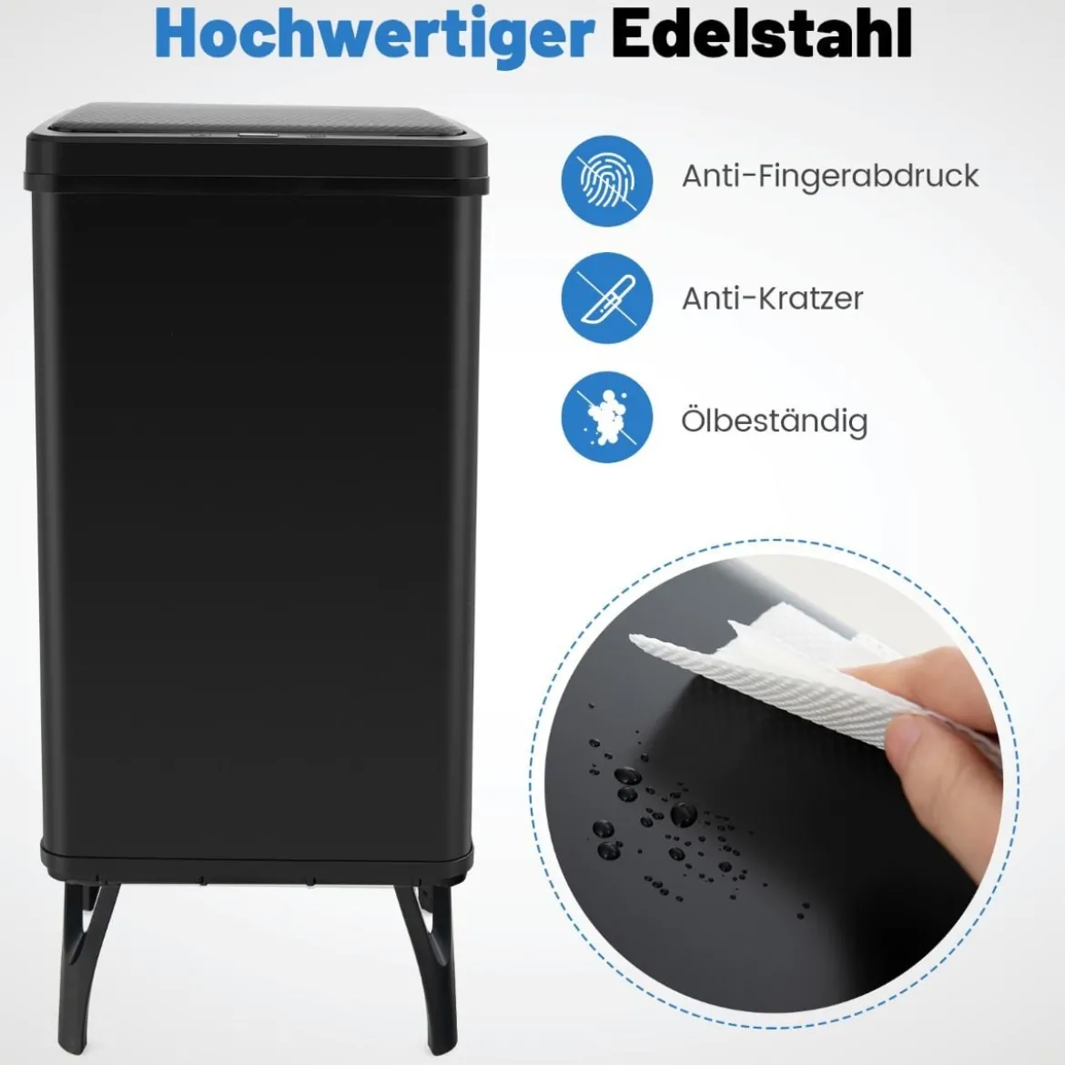 Edelstahl-Mülleimer 50 L Automatischer Bewegungssensor-Abfalleimer mit offener Deckel 33,5 x 26 x 83,5 cm Schwarz