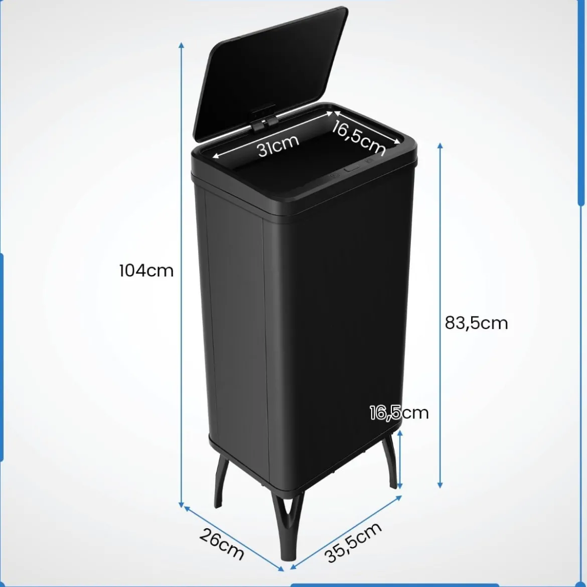 Edelstahl-Mülleimer 50 L Automatischer Bewegungssensor-Abfalleimer mit offener Deckel 33,5 x 26 x 83,5 cm Schwarz