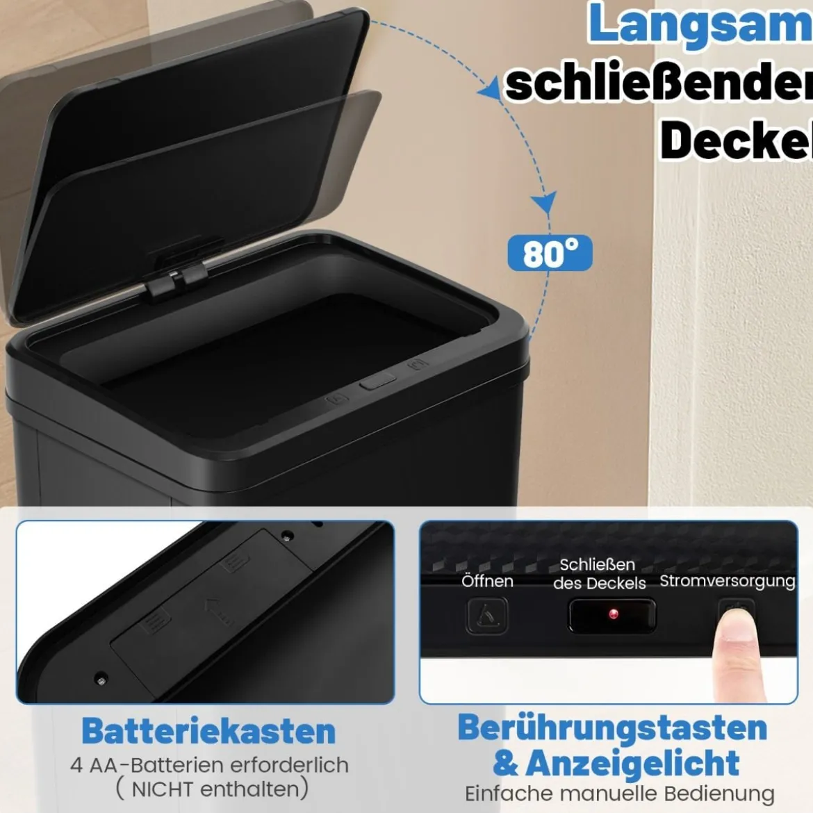 Edelstahl-Mülleimer 50 L Automatischer Bewegungssensor-Abfalleimer mit offener Deckel 33,5 x 26 x 83,5 cm Schwarz