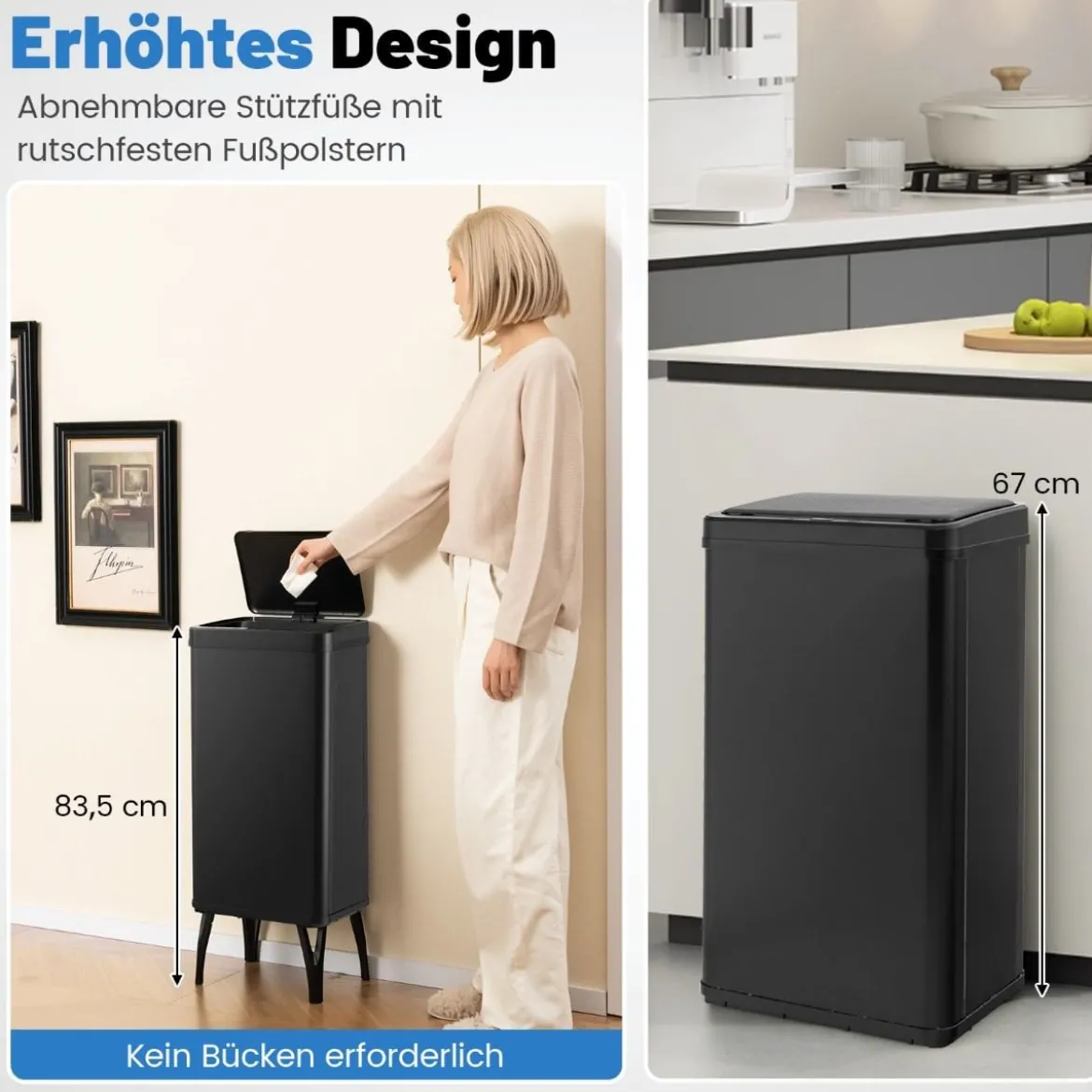 Edelstahl-Mülleimer 50 L Automatischer Bewegungssensor-Abfalleimer mit offener Deckel 33,5 x 26 x 83,5 cm Schwarz