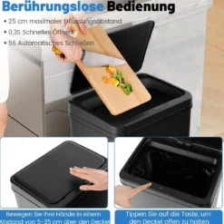 Edelstahl-Mülleimer 50 L Automatischer Bewegungssensor-Abfalleimer mit offener Deckel 33,5 x 26 x 83,5 cm Schwarz