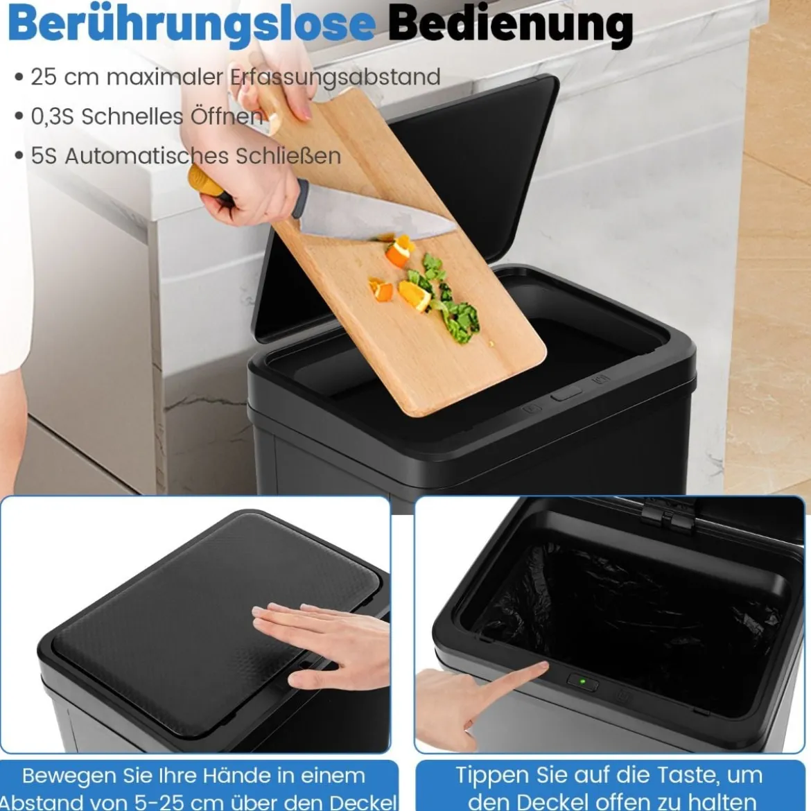 Edelstahl-Mülleimer 50 L Automatischer Bewegungssensor-Abfalleimer mit offener Deckel 33,5 x 26 x 83,5 cm Schwarz