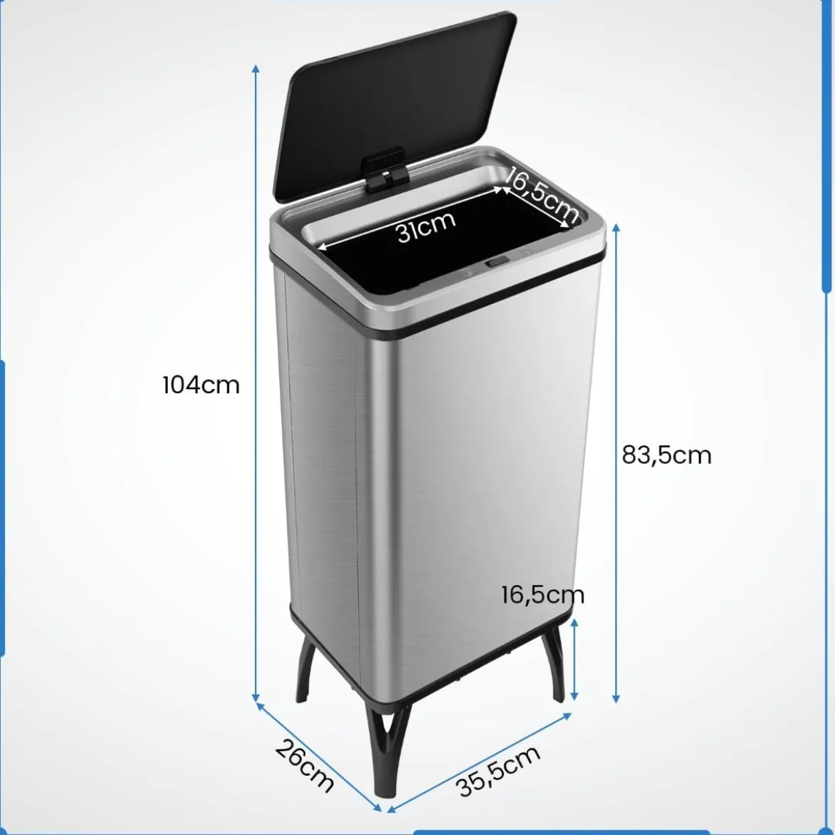 Edelstahl-Mülleimer 50 L Automatischer Bewegungssensor-Abfalleimer mit offener Deckel 33,5 x 26 x 83,5 cm Silber