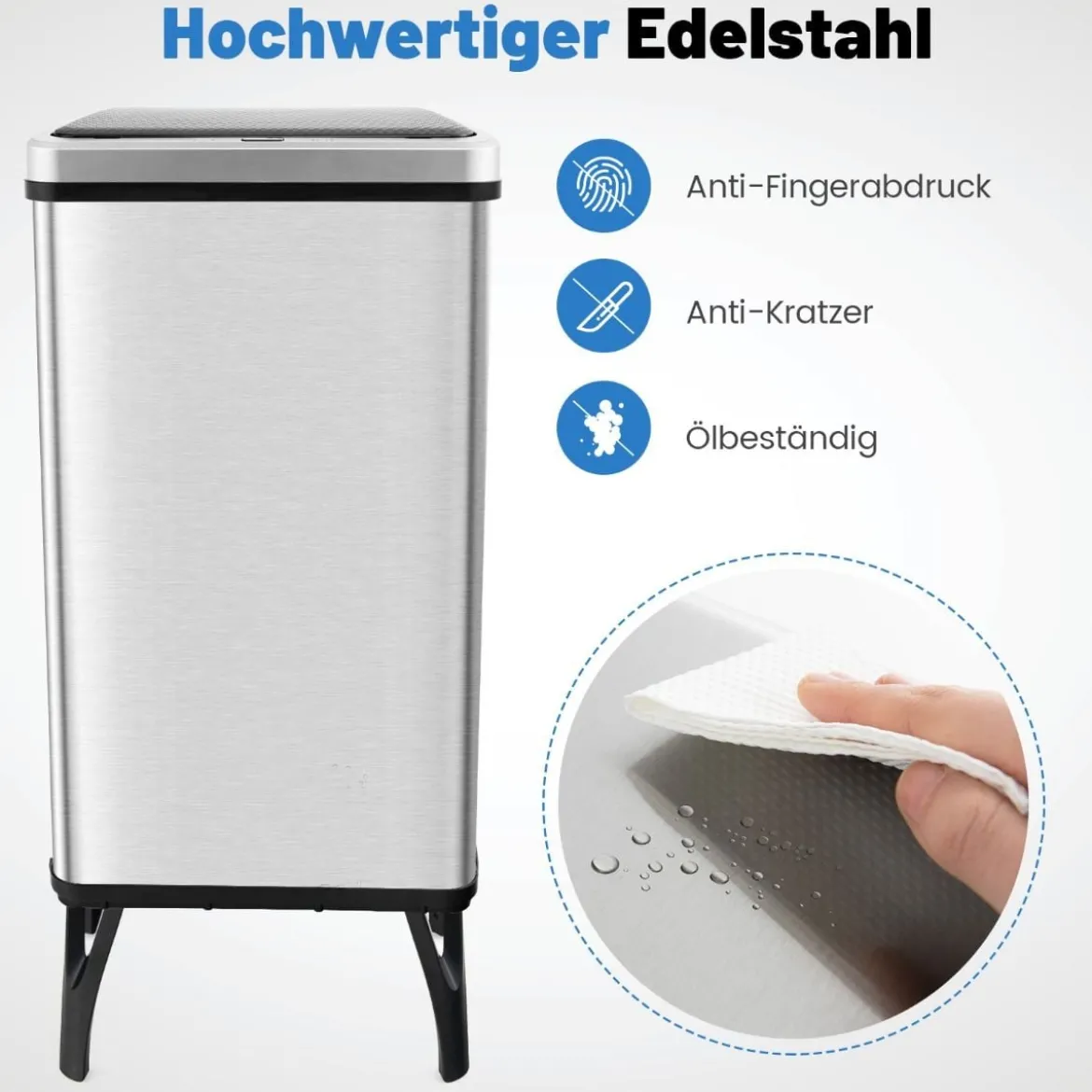 Edelstahl-Mülleimer 50 L Automatischer Bewegungssensor-Abfalleimer mit offener Deckel 33,5 x 26 x 83,5 cm Silber
