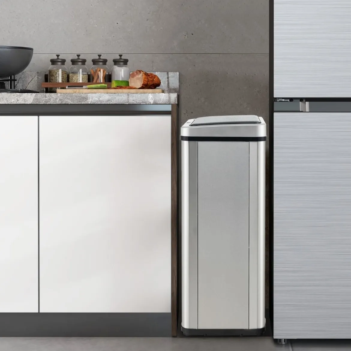 Edelstahl-Mülleimer 50 L Automatischer Bewegungssensor-Abfalleimer mit offener Deckel 33,5 x 26 x 83,5 cm Silber