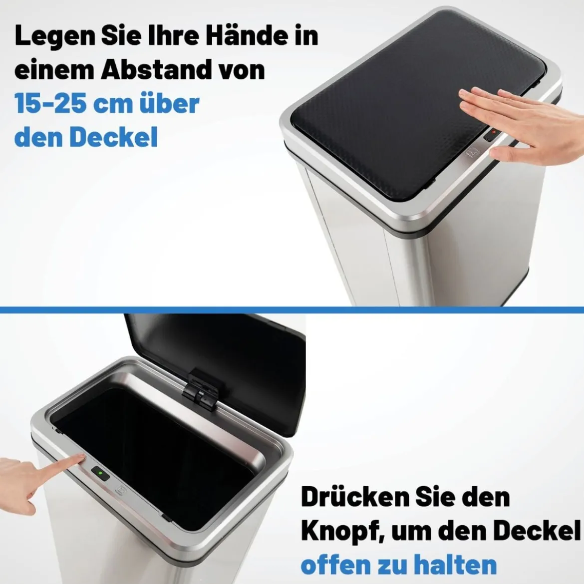 Edelstahl-Mülleimer 50 L Automatischer Bewegungssensor-Abfalleimer mit offener Deckel 33,5 x 26 x 83,5 cm Silber