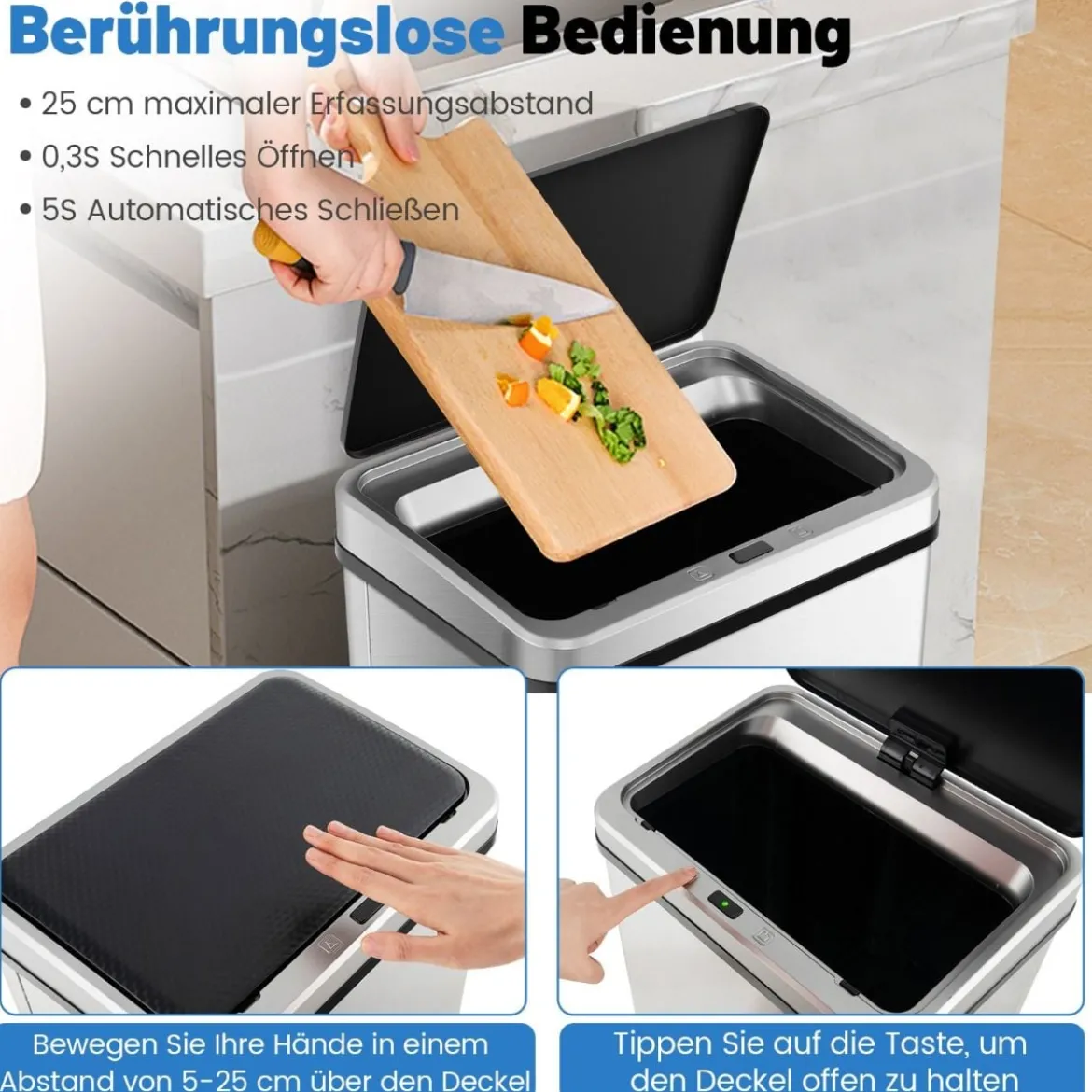 Edelstahl-Mülleimer 50 L Automatischer Bewegungssensor-Abfalleimer mit offener Deckel 33,5 x 26 x 83,5 cm Silber
