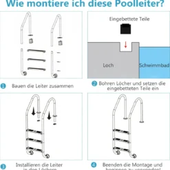 Edelstahl-Poolleiter 3-stufige Schwimmbadleiter mit rutschfesten Stufen 53 x 63 x 147 cm Silber