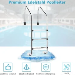 Edelstahl-Poolleiter 3-stufige Schwimmbadleiter mit rutschfesten Stufen 53 x 63 x 147 cm Silber