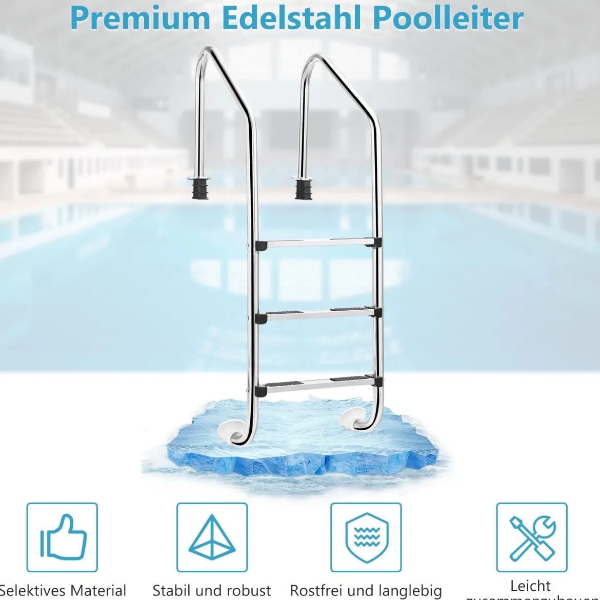 Edelstahl-Poolleiter 3-stufige Schwimmbadleiter mit rutschfesten Stufen 53 x 63 x 147 cm Silber