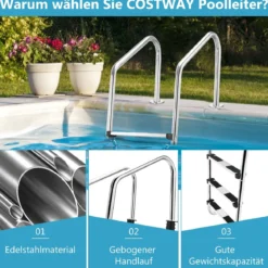 Edelstahl-Poolleiter 3-stufige Schwimmbadleiter mit rutschfesten Stufen 53 x 63 x 147 cm Silber