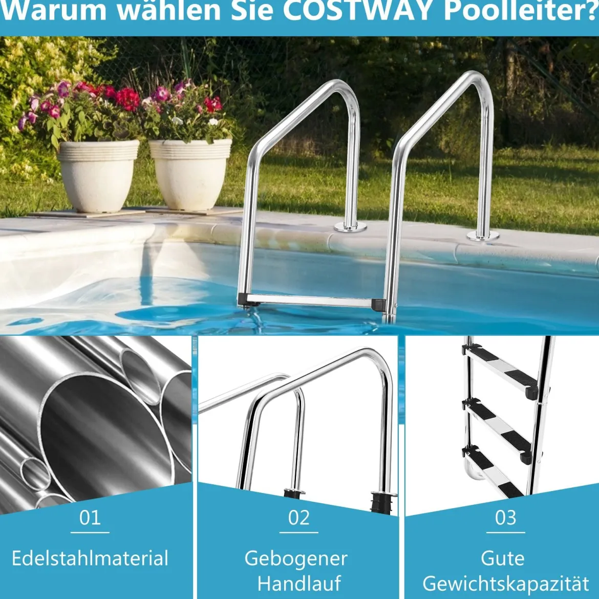 Edelstahl-Poolleiter 3-stufige Schwimmbadleiter mit rutschfesten Stufen 53 x 63 x 147 cm Silber