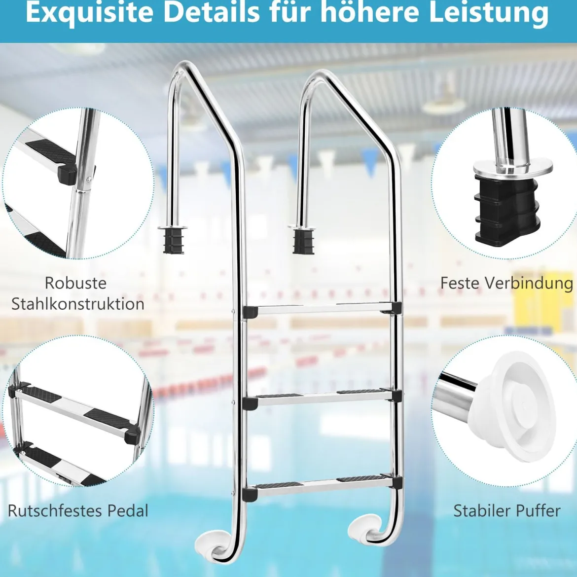 Edelstahl-Poolleiter 3-stufige Schwimmbadleiter mit rutschfesten Stufen 53 x 63 x 147 cm Silber