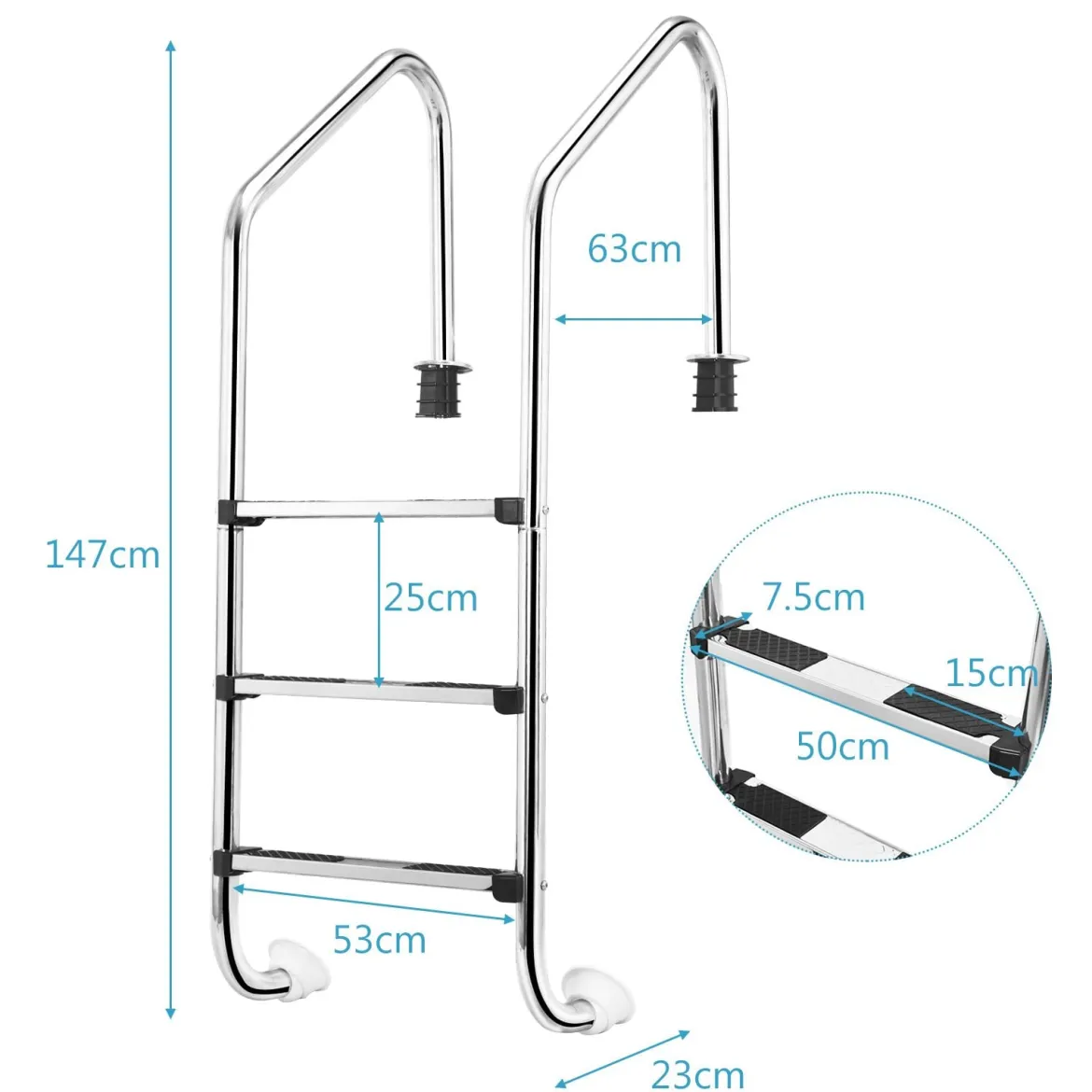 Edelstahl-Poolleiter 3-stufige Schwimmbadleiter mit rutschfesten Stufen 53 x 63 x 147 cm Silber