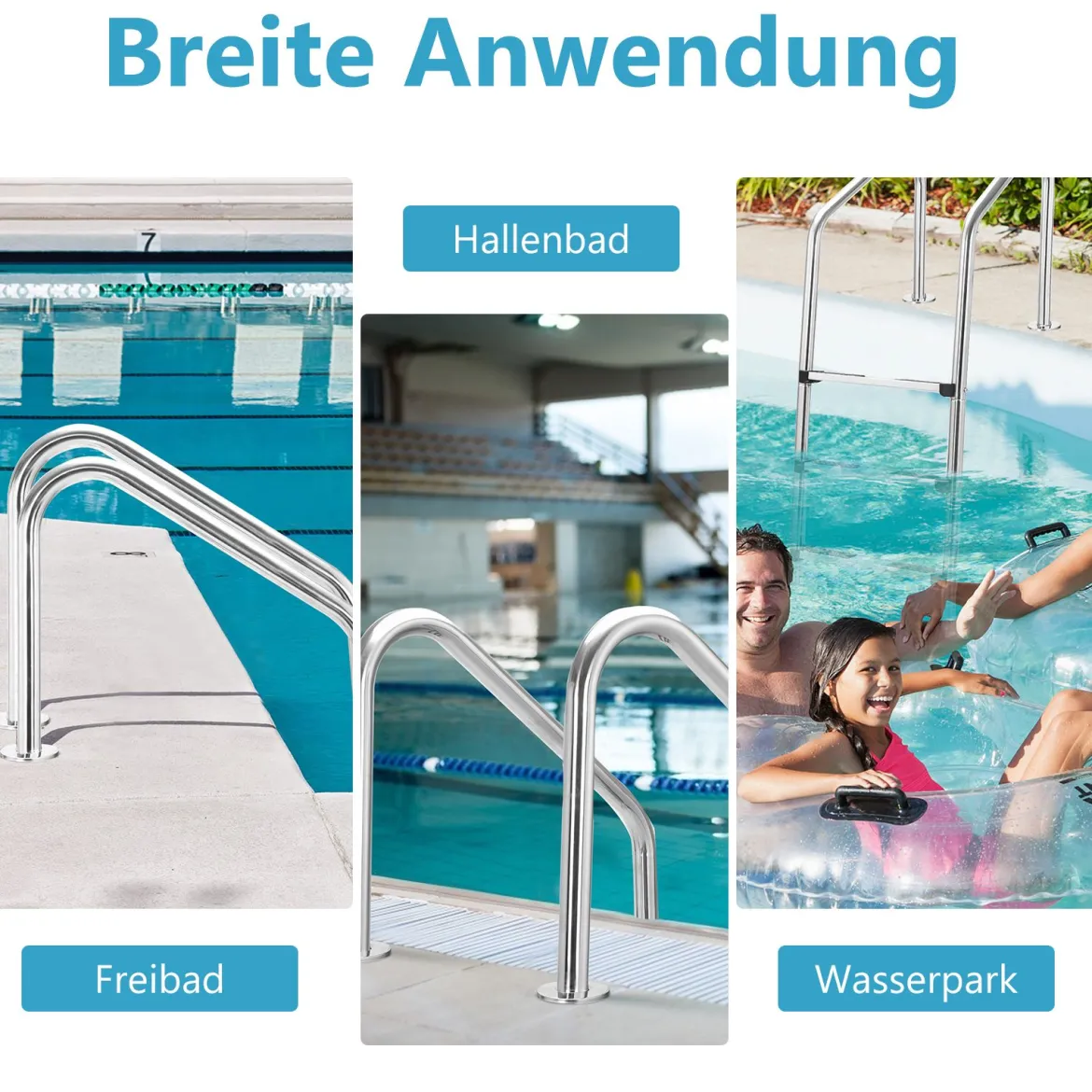 Edelstahl-Poolleiter 3-stufige Schwimmbadleiter mit rutschfesten Stufen 53 x 63 x 147 cm Silber
