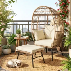 Eierstuhl Rattan mit Fußhocker Gartenliege Loungestuhl mit bequemen Kissen & Polstern Rattansessel Beige