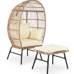 Eierstuhl Rattan mit Fußhocker Gartenliege Loungestuhl mit bequemen Kissen & Polstern Rattansessel Beige