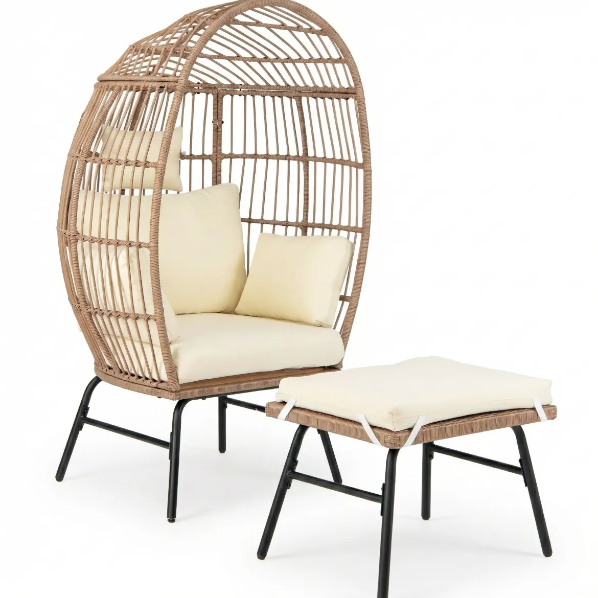 Eierstuhl Rattan mit Fußhocker Gartenliege Loungestuhl mit bequemen Kissen & Polstern Rattansessel Beige