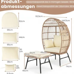 Eierstuhl Rattan mit Fußhocker Gartenliege Loungestuhl mit bequemen Kissen & Polstern Rattansessel Beige