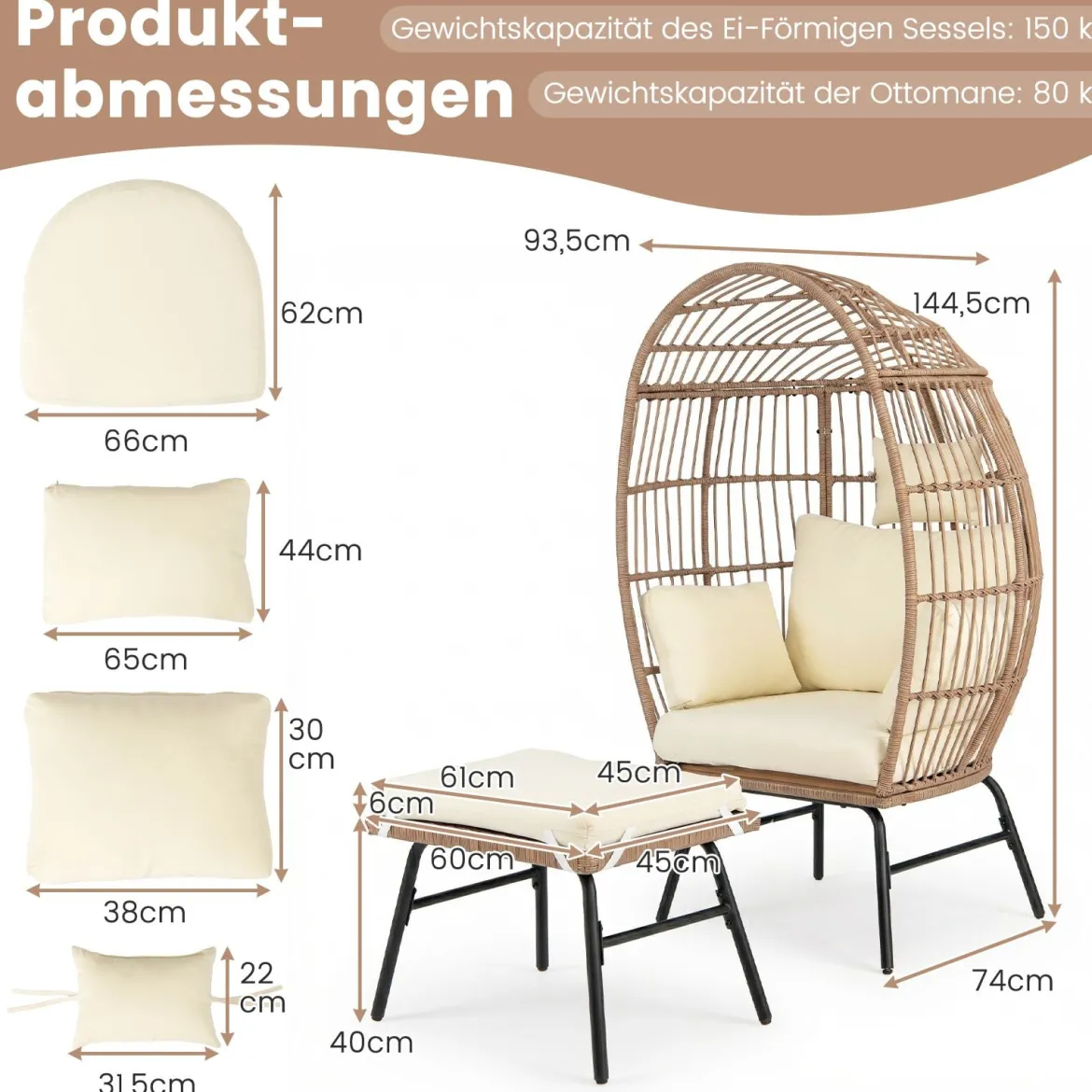 Eierstuhl Rattan mit Fußhocker Gartenliege Loungestuhl mit bequemen Kissen & Polstern Rattansessel Beige