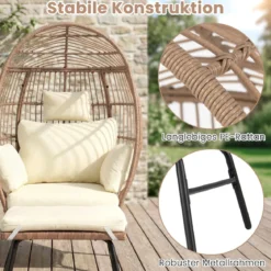 Eierstuhl Rattan mit Fußhocker Gartenliege Loungestuhl mit bequemen Kissen & Polstern Rattansessel Beige