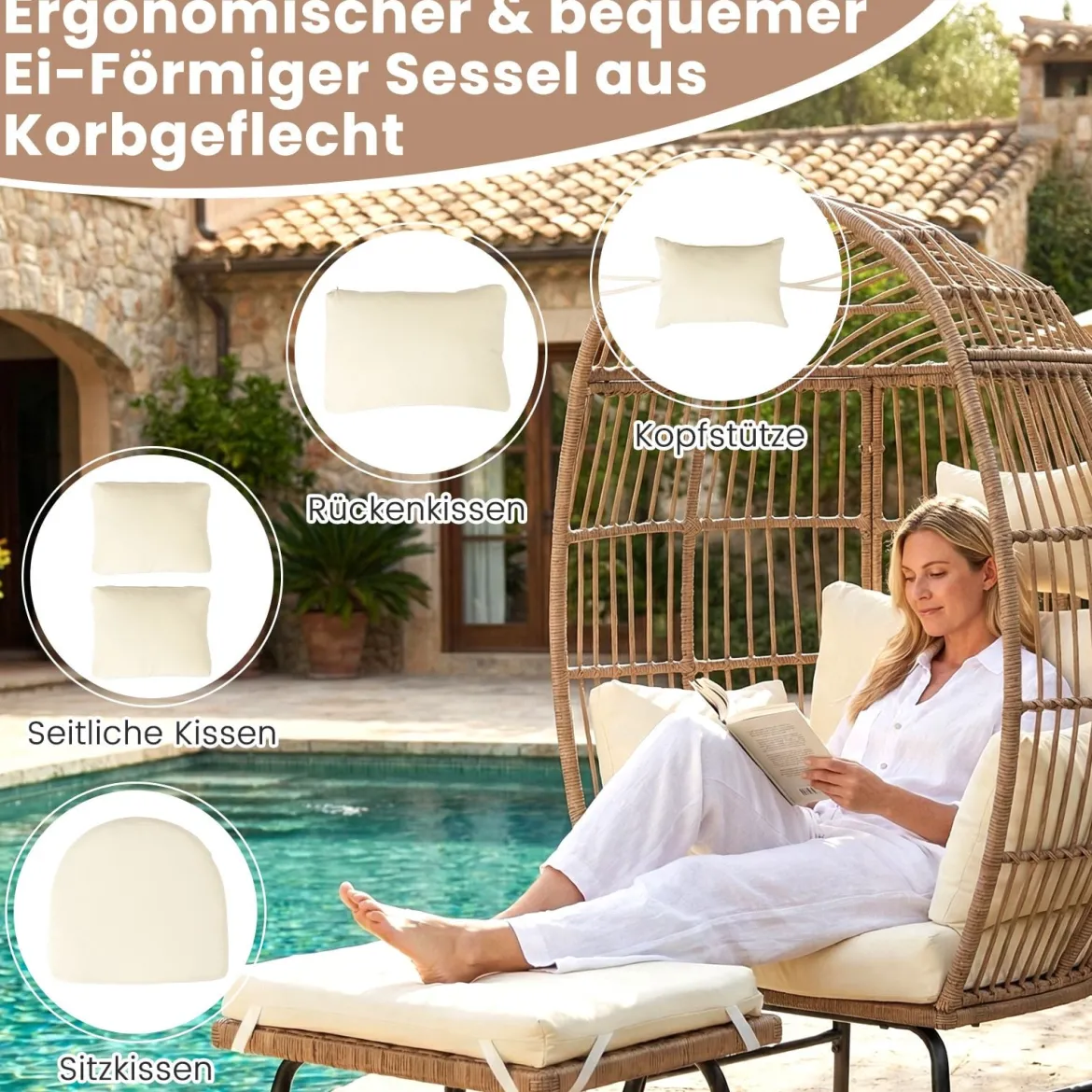 Eierstuhl Rattan mit Fußhocker Gartenliege Loungestuhl mit bequemen Kissen & Polstern Rattansessel Beige