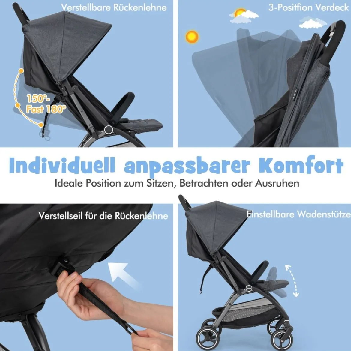 Einhändig Klappbare Kinderwagen mit Verstellbarer Rückenlehne & Verdeck Reisebuggy