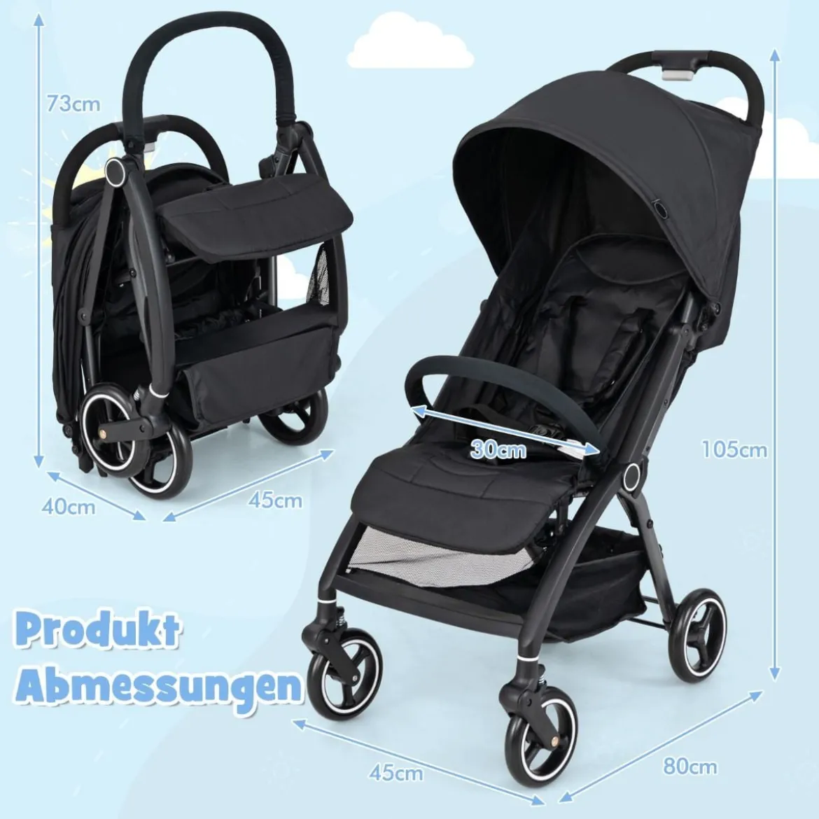 Einhändig Klappbare Kinderwagen mit Verstellbarer Rückenlehne & Verdeck Reisebuggy