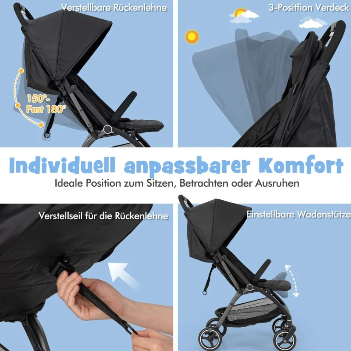 Einhändig Klappbare Kinderwagen mit Verstellbarer Rückenlehne & Verdeck Reisebuggy