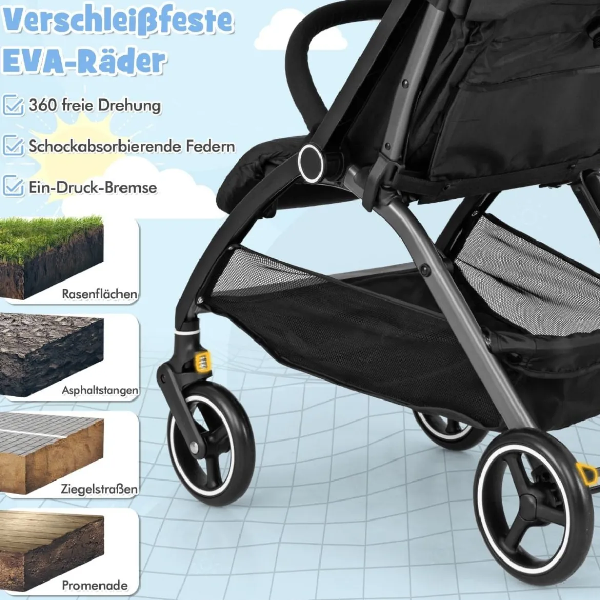 Einhändig Klappbare Kinderwagen mit Verstellbarer Rückenlehne & Verdeck Reisebuggy