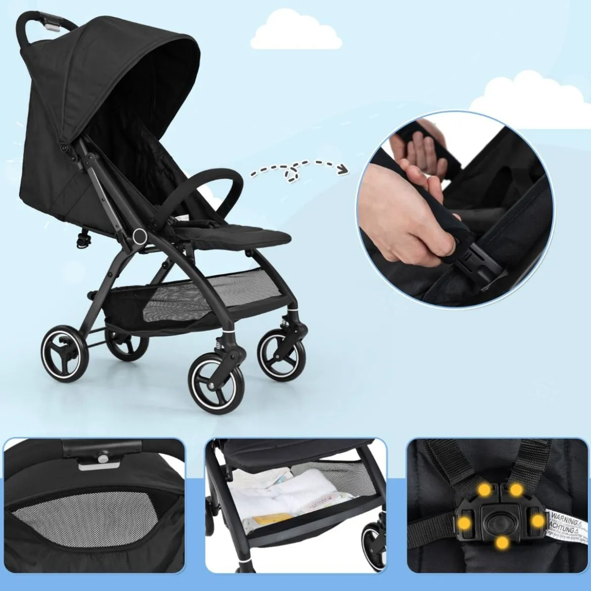 Einhändig Klappbare Kinderwagen mit Verstellbarer Rückenlehne & Verdeck Reisebuggy