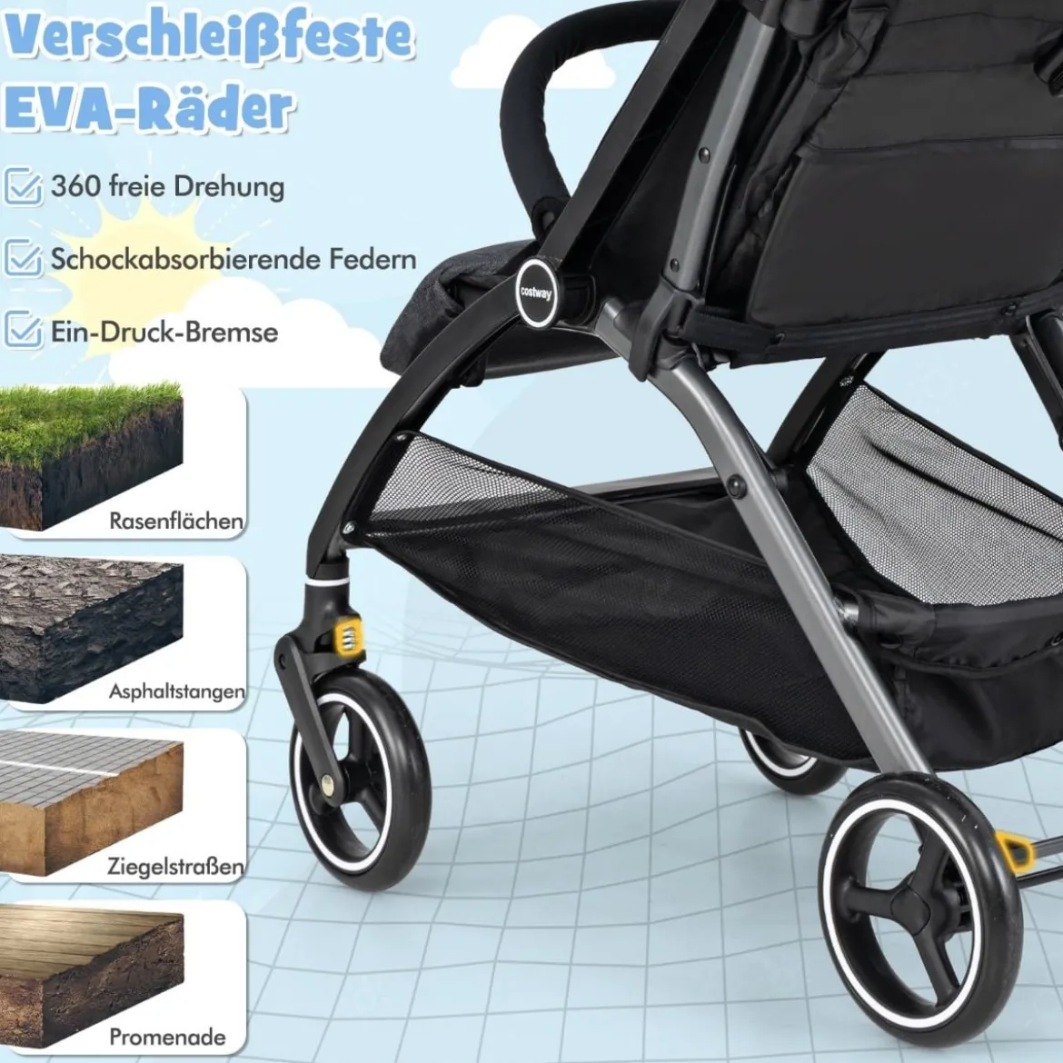 Einhändig Klappbare Kinderwagen mit Verstellbarer Rückenlehne & Verdeck Reisebuggy