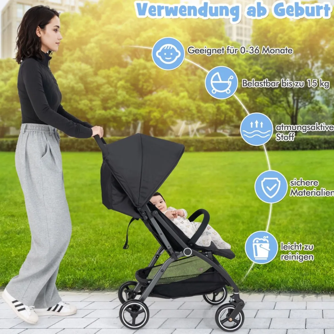 Einhändig Klappbare Kinderwagen mit Verstellbarer Rückenlehne & Verdeck Reisebuggy